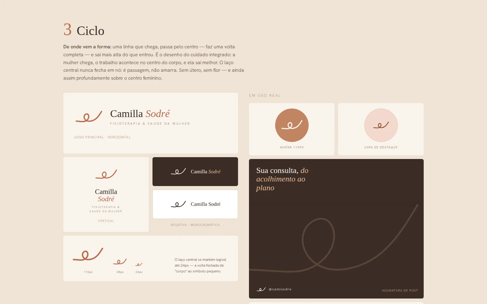 Logotipo Camilla Sodré: símbolo ciclo e aplicações